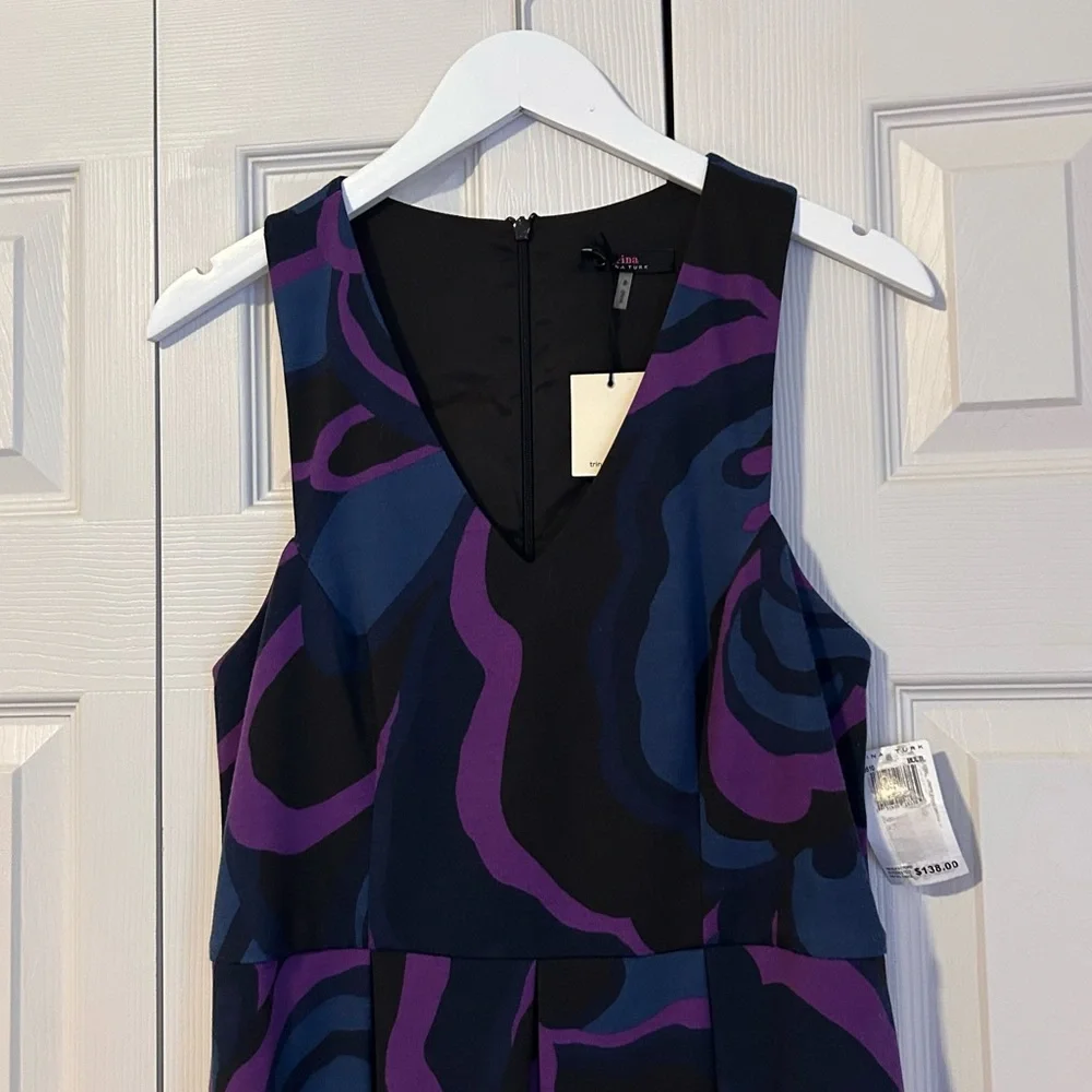 NWT TRINA TURK Marcia Sleeveless Dress Sz 8 ALine VNeck Black Purple Blue Easter - Picture 3 of 12